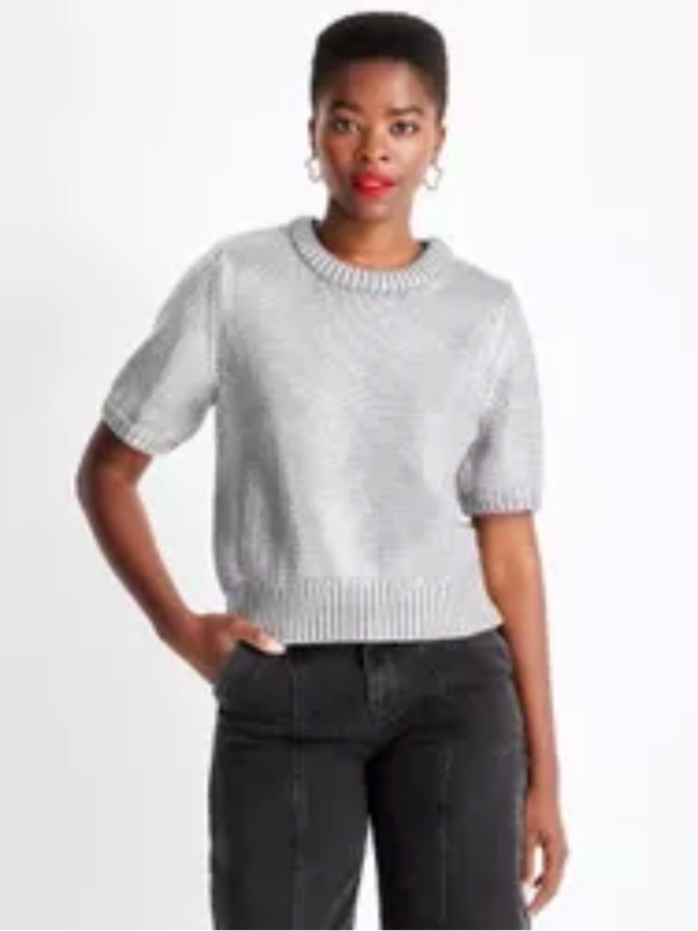 NWOT Silver Metalic Short-Sleeve Knit Sweater